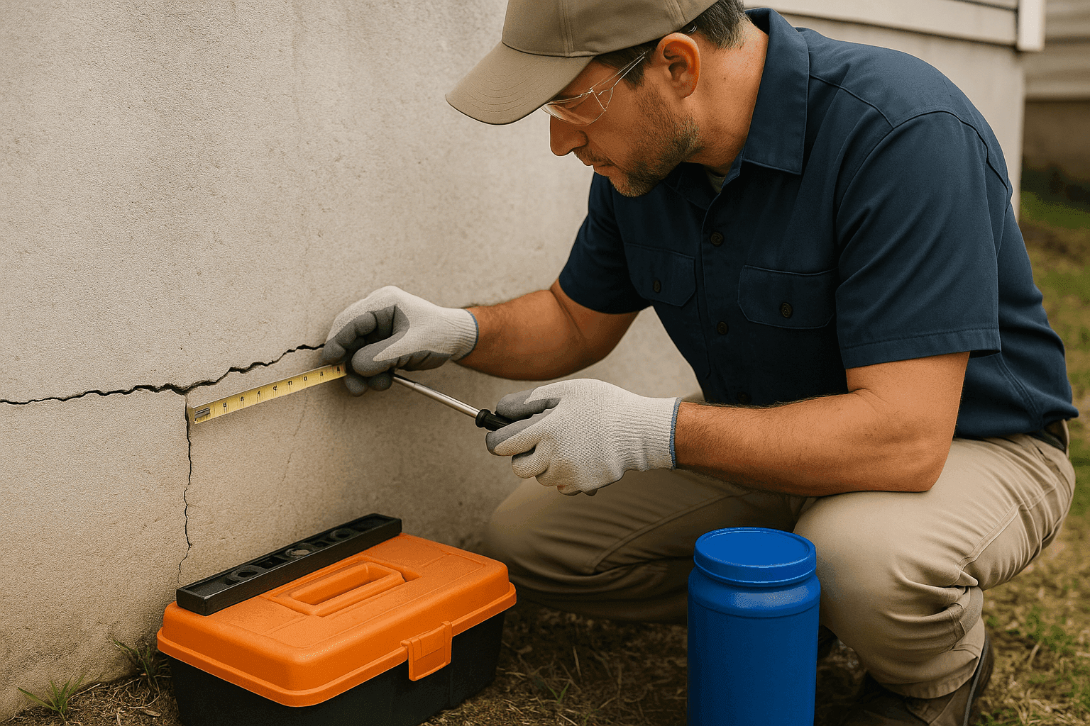 Professional inspecting foundation cracks on a concrete wall