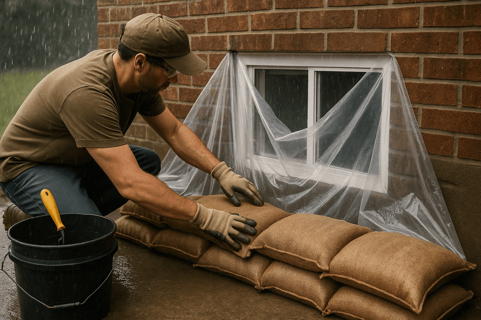 Homeowner placing sandbags to prevent basement flooding during emergency waterproofing