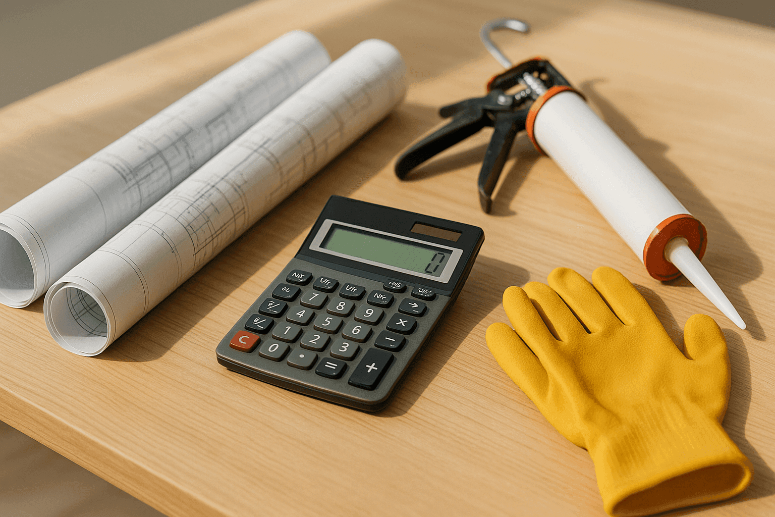 Calculator, blueprint, and waterproofing tools on table for cost estimation