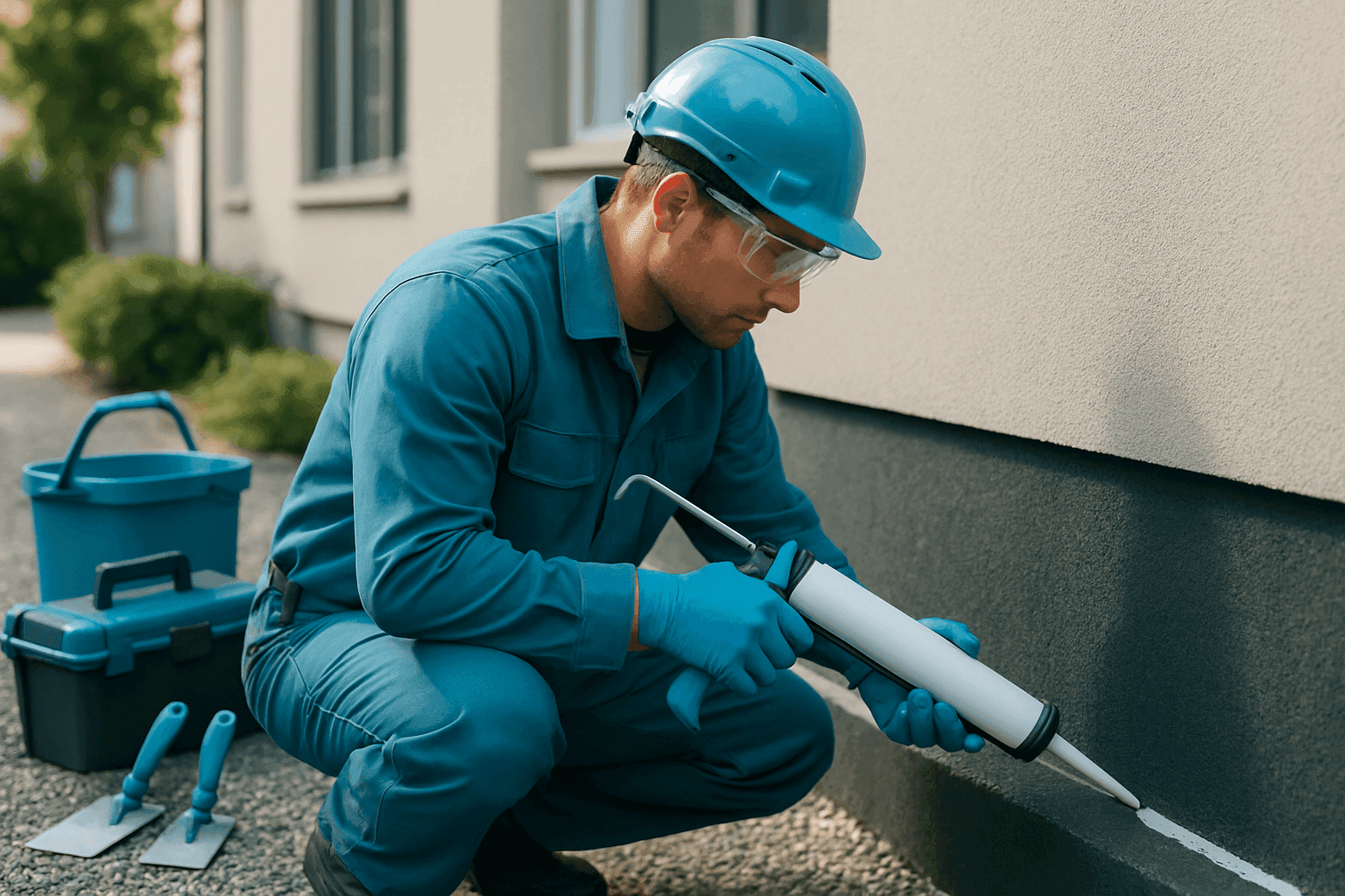 Worker in protective gear applying waterproof sealant to building foundation exterior in Washington