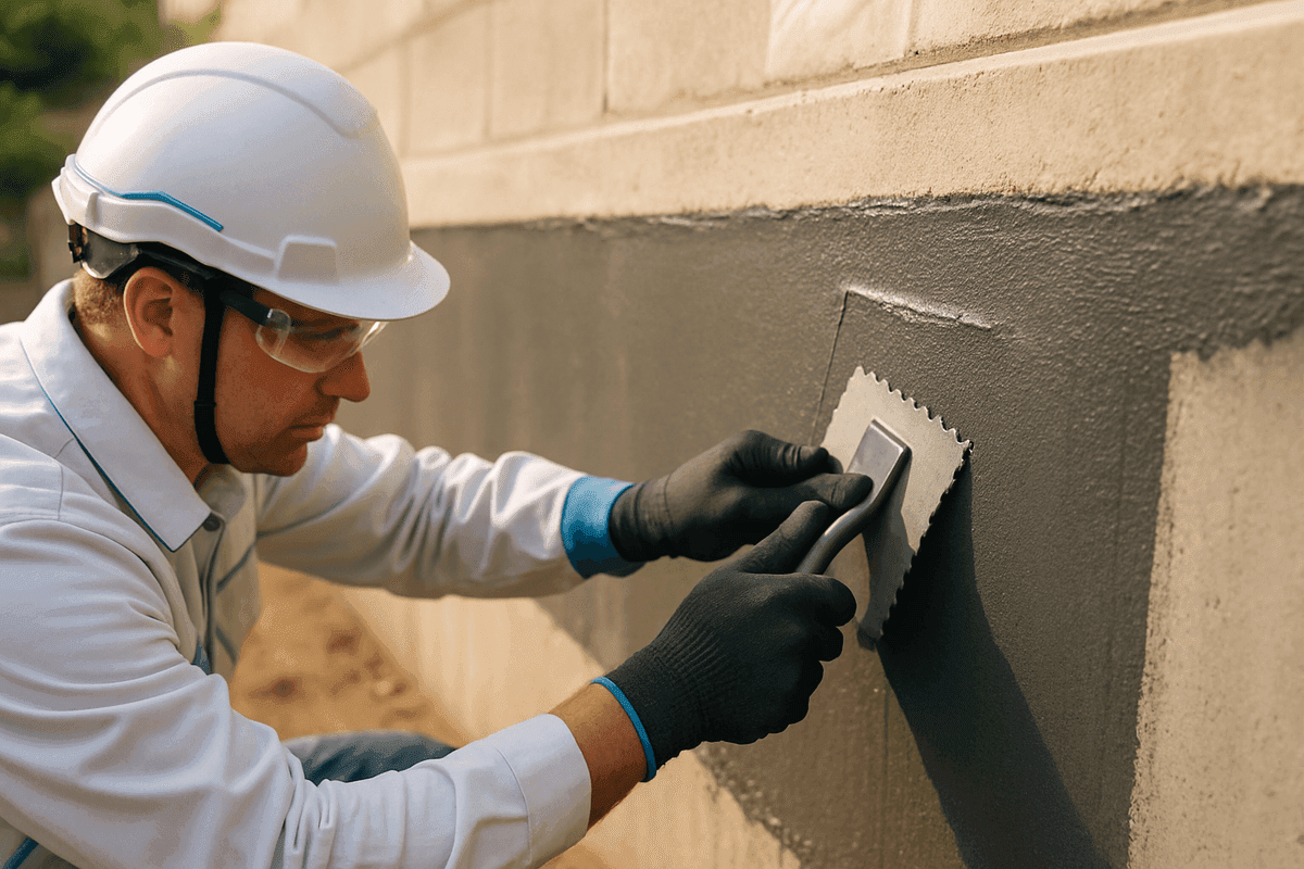 Close-up of gloved hands applying waterproof membrane to concrete foundation wall in Washington